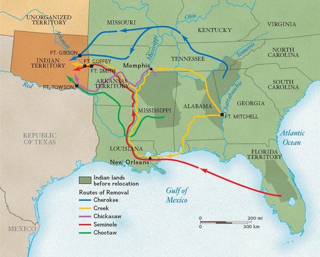A map showing the routes of the various Trail of Tears for the Five Civilized Tribes