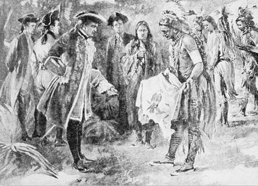 Chief Tomochichi presenting a gift of a blanket to James Oglethorpe