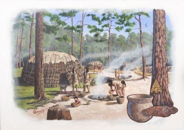 A painting of a Woodland family standing outside of their wigwam home