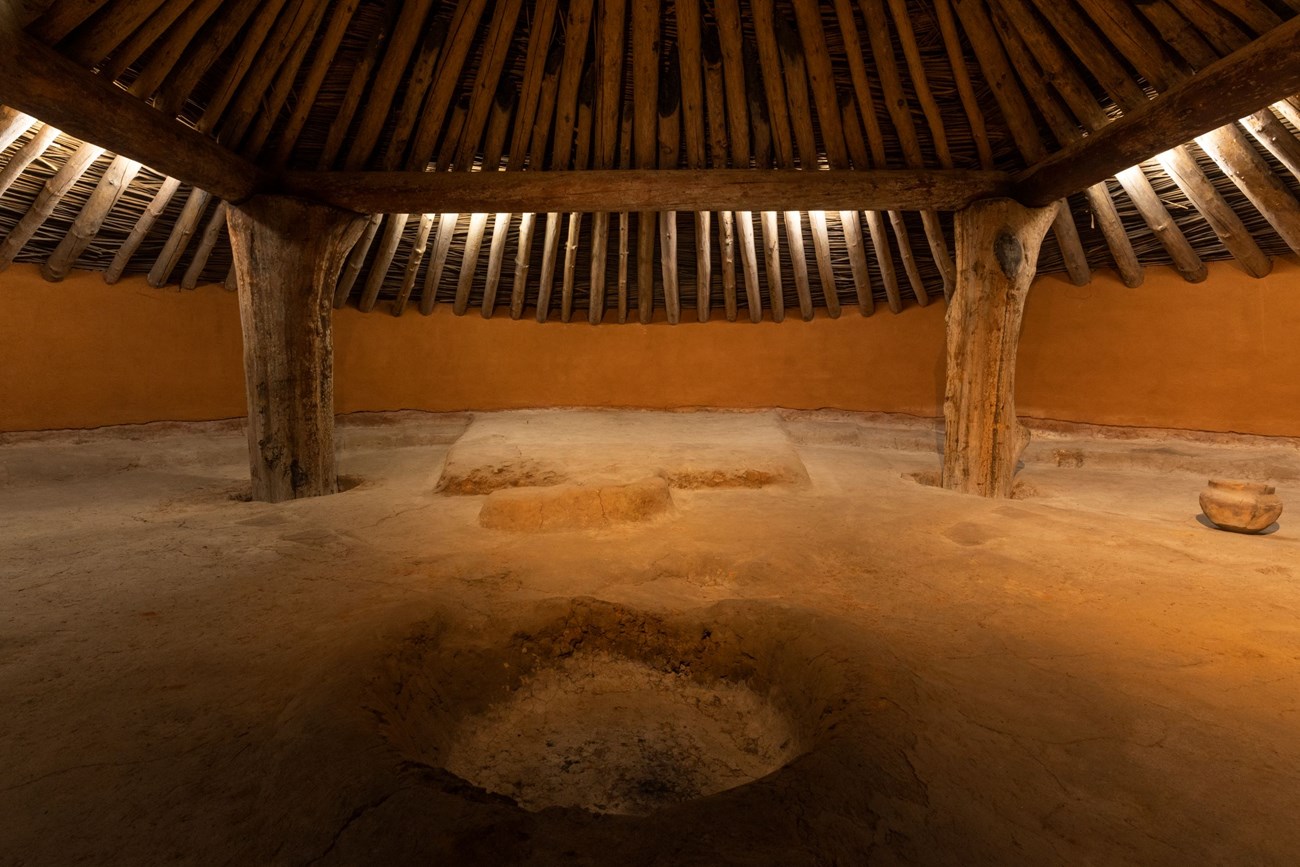 A view of the bird effigy clay platform inside the Earth Lodge