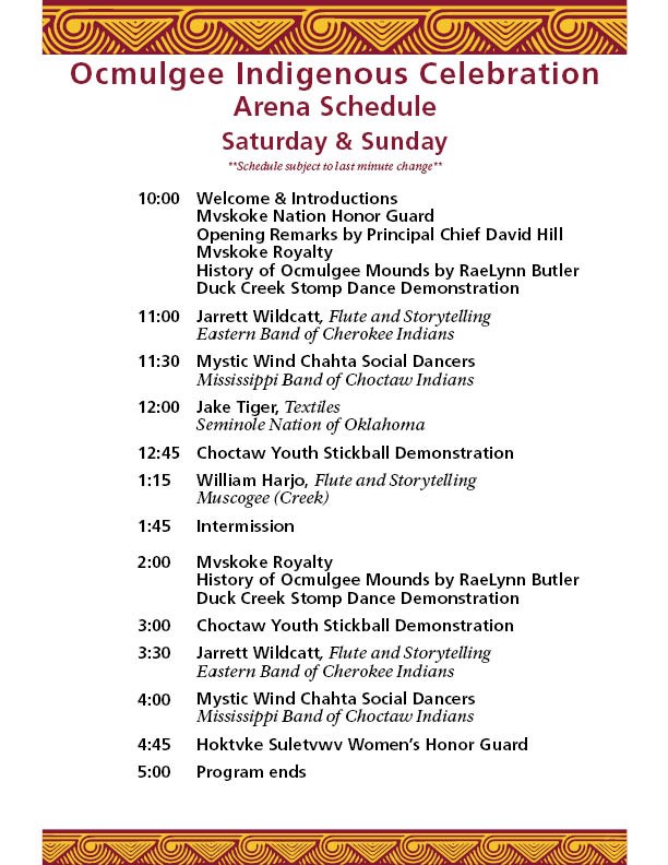 Schedule of events for the Ocmulgee Indigenous Celebration