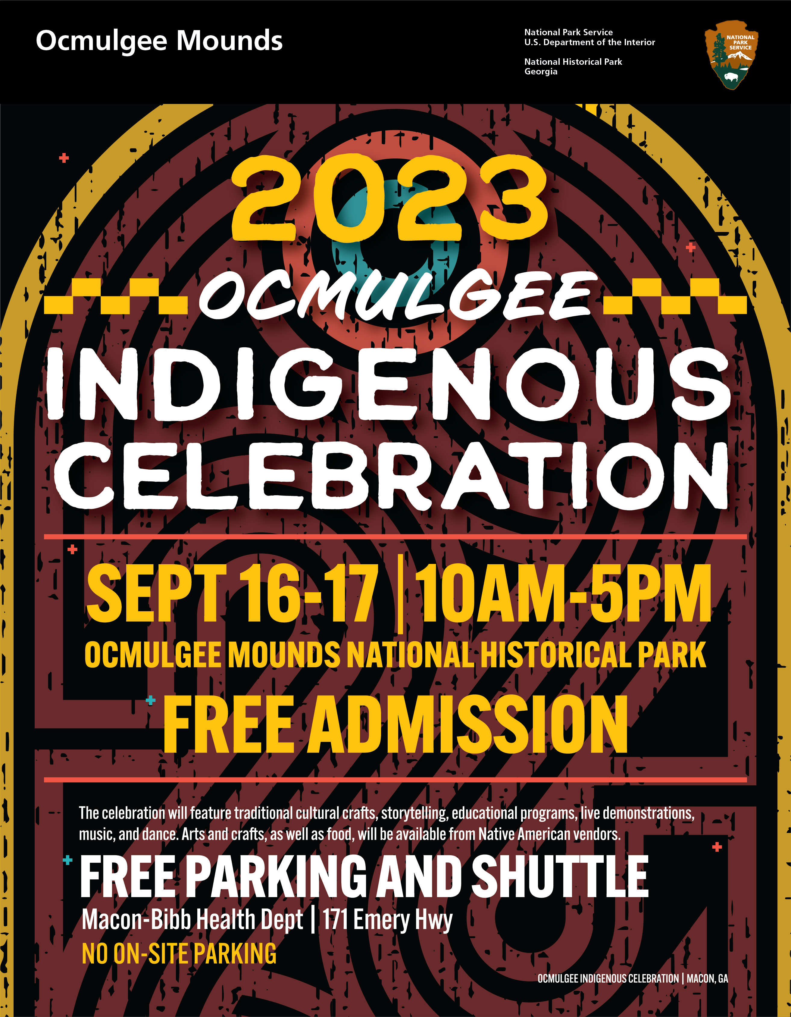 Ocmulgee Indigenous Celebration Flier OIC Flyer Alt Text: A colorful flyer with a black background and indigenous linework with the text: "2023 Ocmulgee Indigenous Celebration, September 16-17. 10 AM- 5 PM. Free Admission. Free Parking and Shuttle. No On-site Parking."