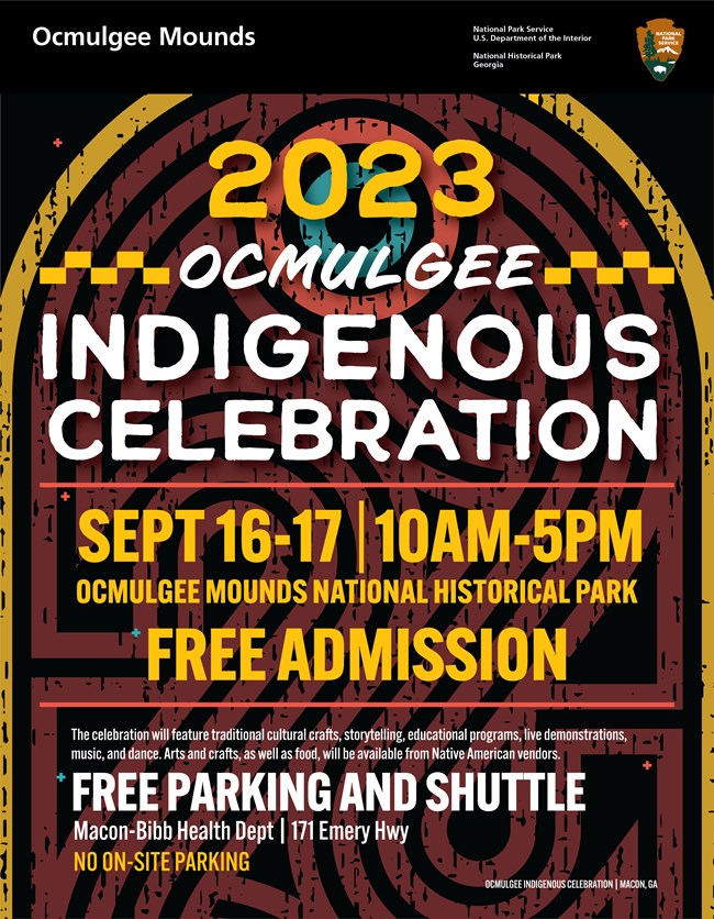 OIC Flyer Alt Text: A colorful flyer with a black background and indigenous linework with the text: "2023 Ocmulgee Indigenous Celebration, September 16-17. 10 AM- 5 PM. Free Admission. Free Parking and Shuttle. No On-site Parking."