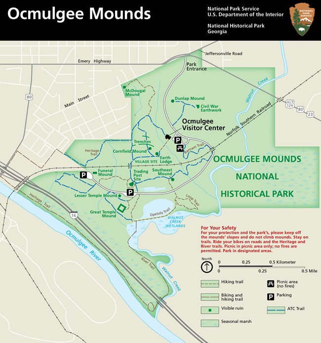 A park map with several trails highlighted in blue describing where the action track chair can go.