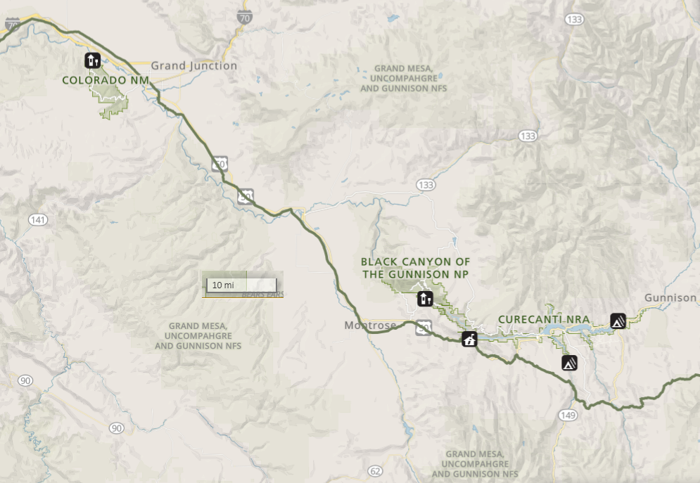 lt= A map of Colorado near Montrose. The map depicts a road traveling from east to west, and then north to Grand Junction. There is a linear feature indicating the presence of the Old Spanish trail along this route.