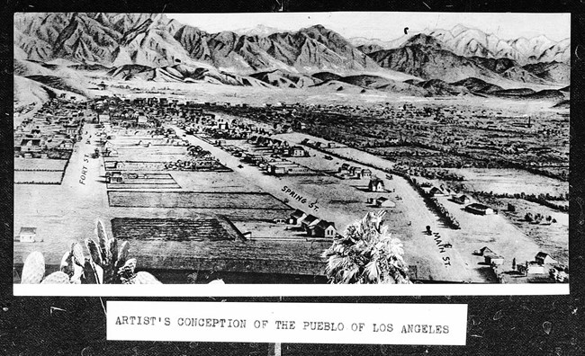 Black and white drawing of agricultural fields set in front of hills.