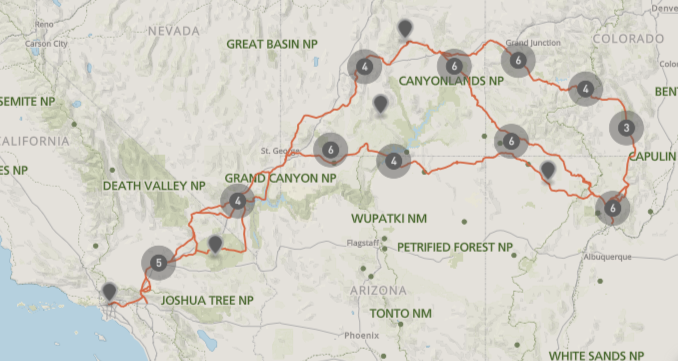 Map of the united states depicting a trail from New Mexico to California.