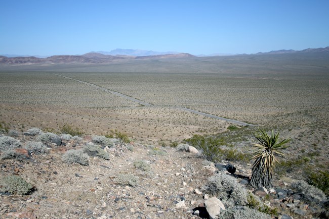 A trail leads out into an endless desert.
