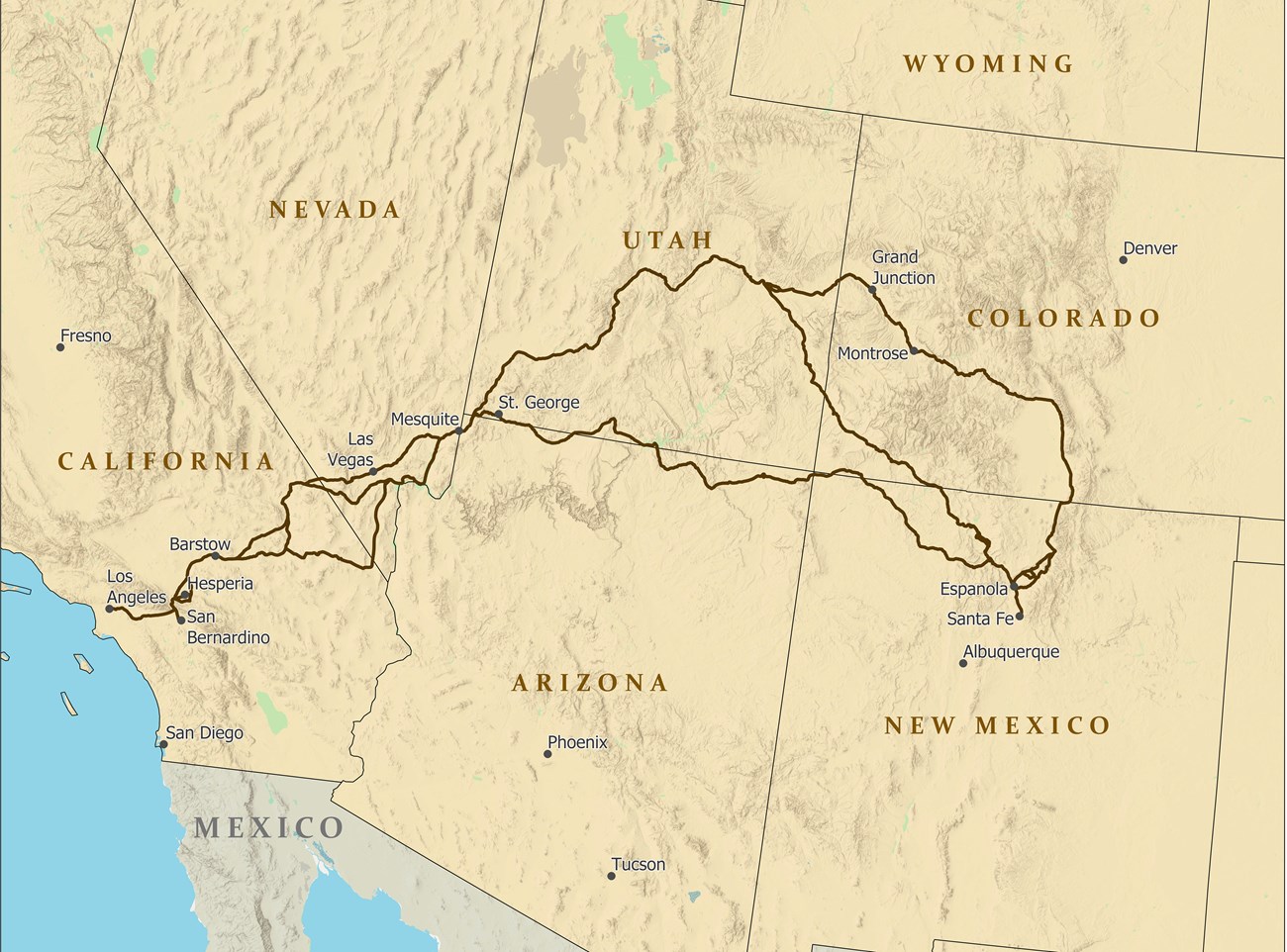 A map depicting a trail from from Santa Fe to Los Angeles.