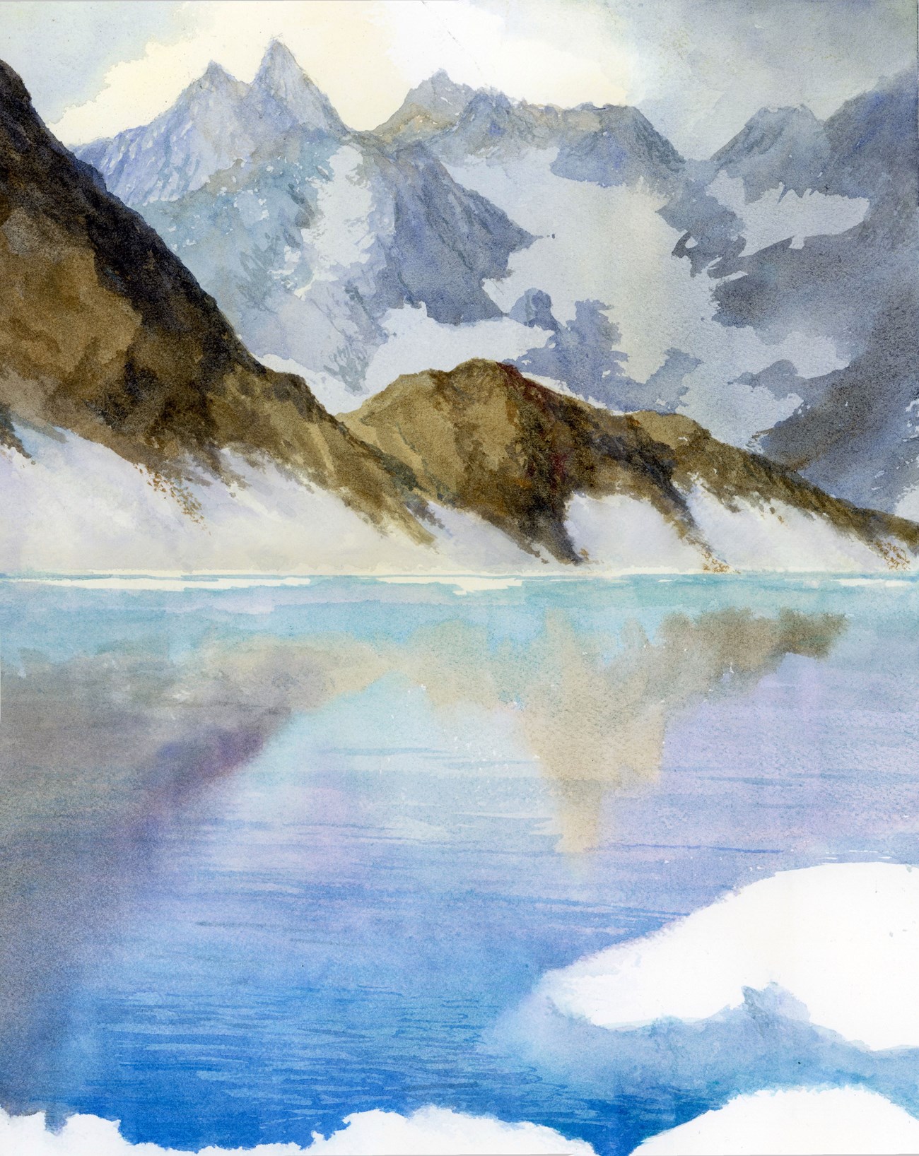 A watercolor painting of a large mountain lake, reflecting snowy peaks.