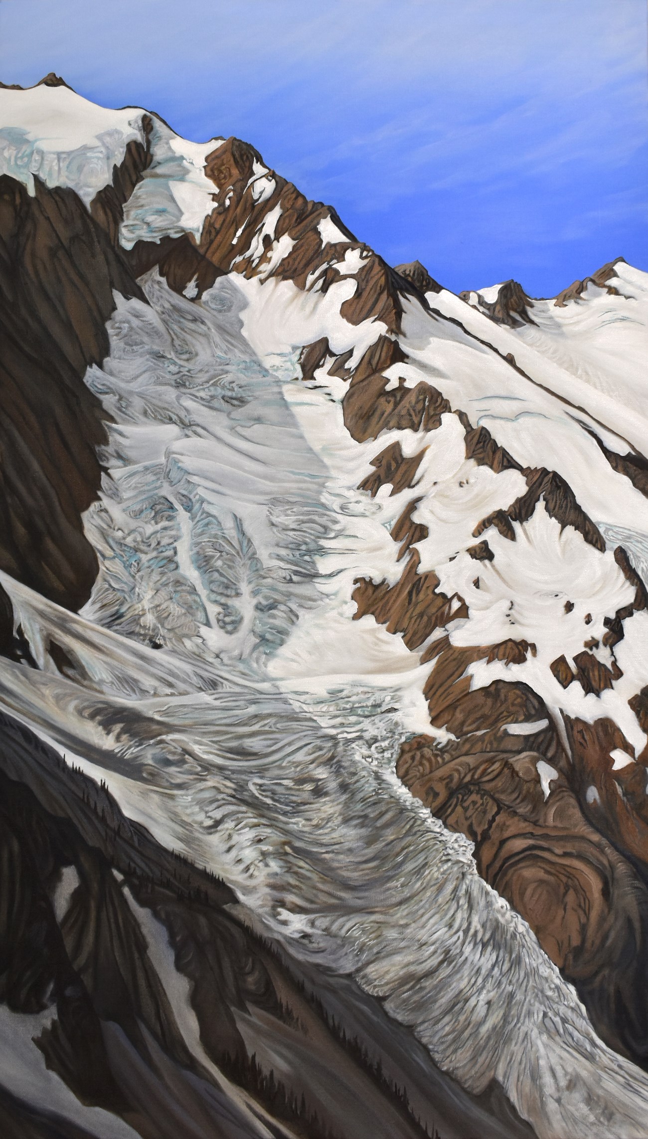 A painting of a glacier, its surface rippled and folded as it tucks into the rocky side of a mountain.