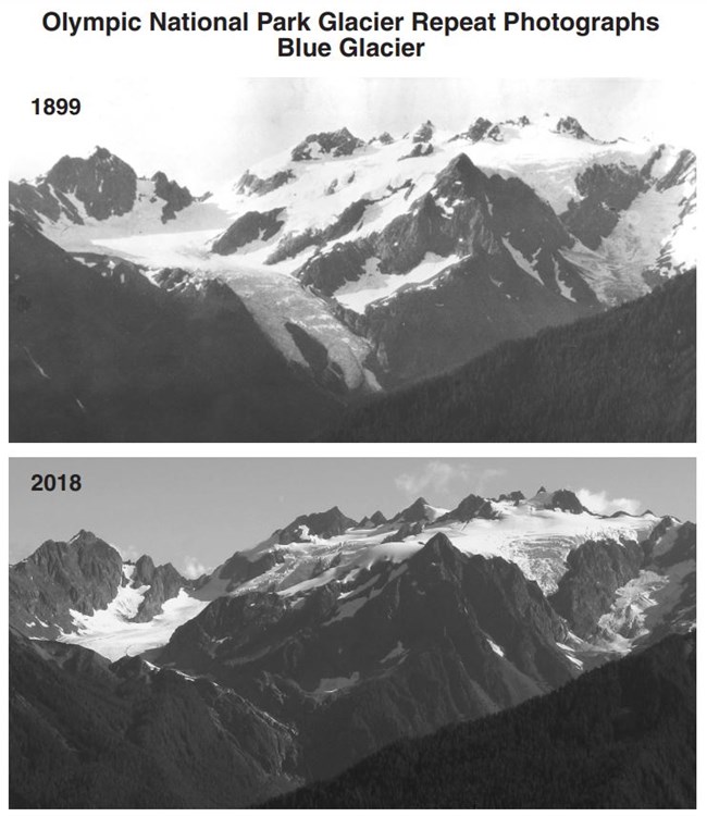 Two matching photos of a massive mountain glacier, labeled 1899 and 2018. In the 2018 image, the glacier has diminished in size significantly.