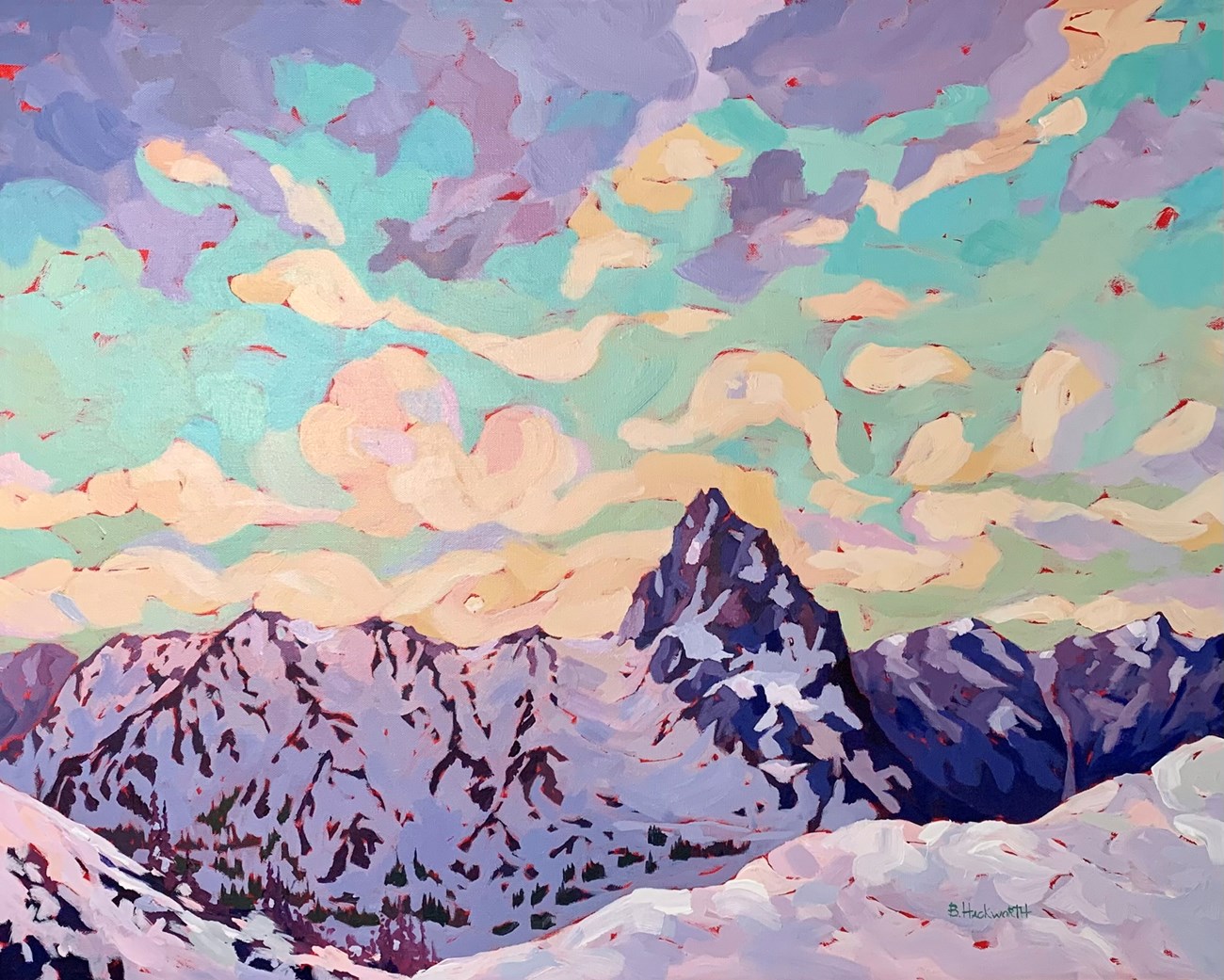 A painting of a snowy mountain landscape in shades of purple. Purple clouds above dissipate into white and blue sky.
