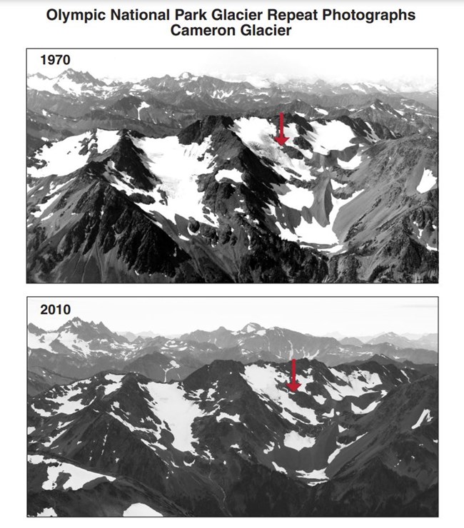 Paired photos of the same aerial mountain view, labeled 1970 and 2010. The glacial ice on the mountain has diminished and fragmented in 2010.