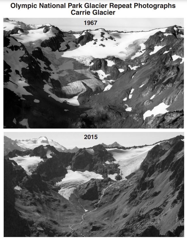 Repeat photos showing the same view of a mountain glacier. The photo labeled 2015 is greatly diminished compared to the photo labeled 1967.