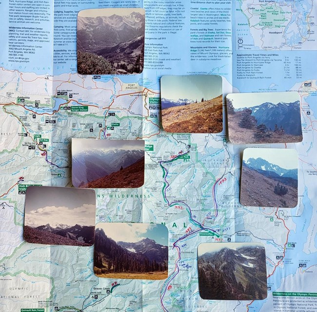 A national park map with faded film photographs placed on it here and there, all showing mountain scenes.