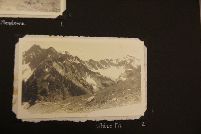 An archival photo of a mountain glacier, labeled White Mt.
