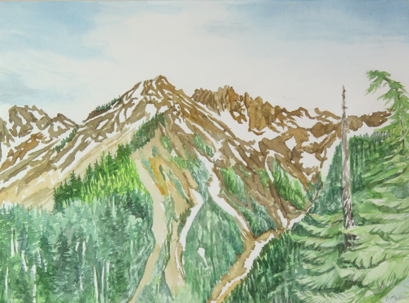 A watercolor painting of a mountain peak with glacial ice which feeds into a river.