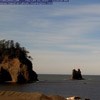 A snapshot of a webcam image. The webcam shows a beach on the ocean and looks out to cliffy "sea stacks."
