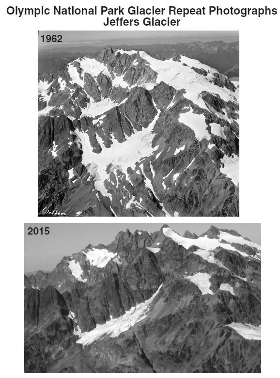 Two photos of the same glacier near a rugged peak, labeled 1962 and 2015. The glacial ice has receded drastically in 2010.