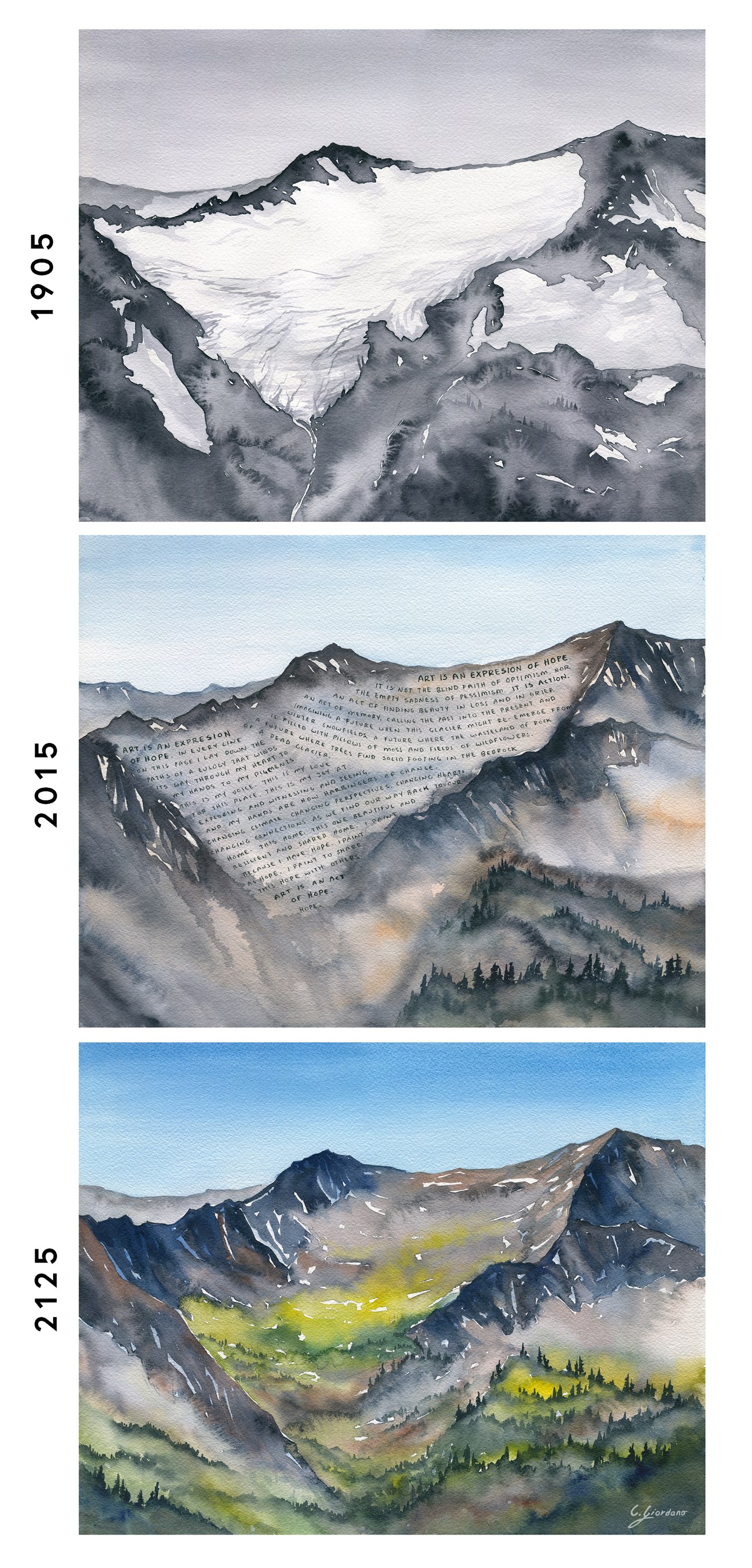 A series of three watercolor paintings of the same mountaintop. The first crowned with a glacier, the second with hand-written words filling the glacier's blurred image, and the third with the glacier fully vanished, a green meadow creeping into its place