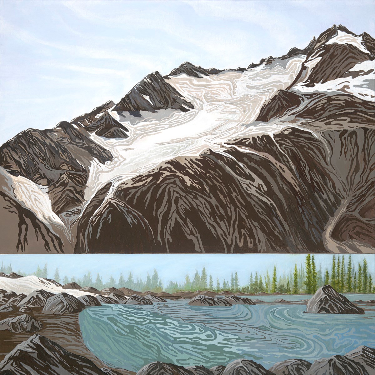 A painting of a mountain glacier with contour-like lines and shading. The bottom third of the painting shows a mountain lake with trees along the shore, and a small snowfield melting into the lake.