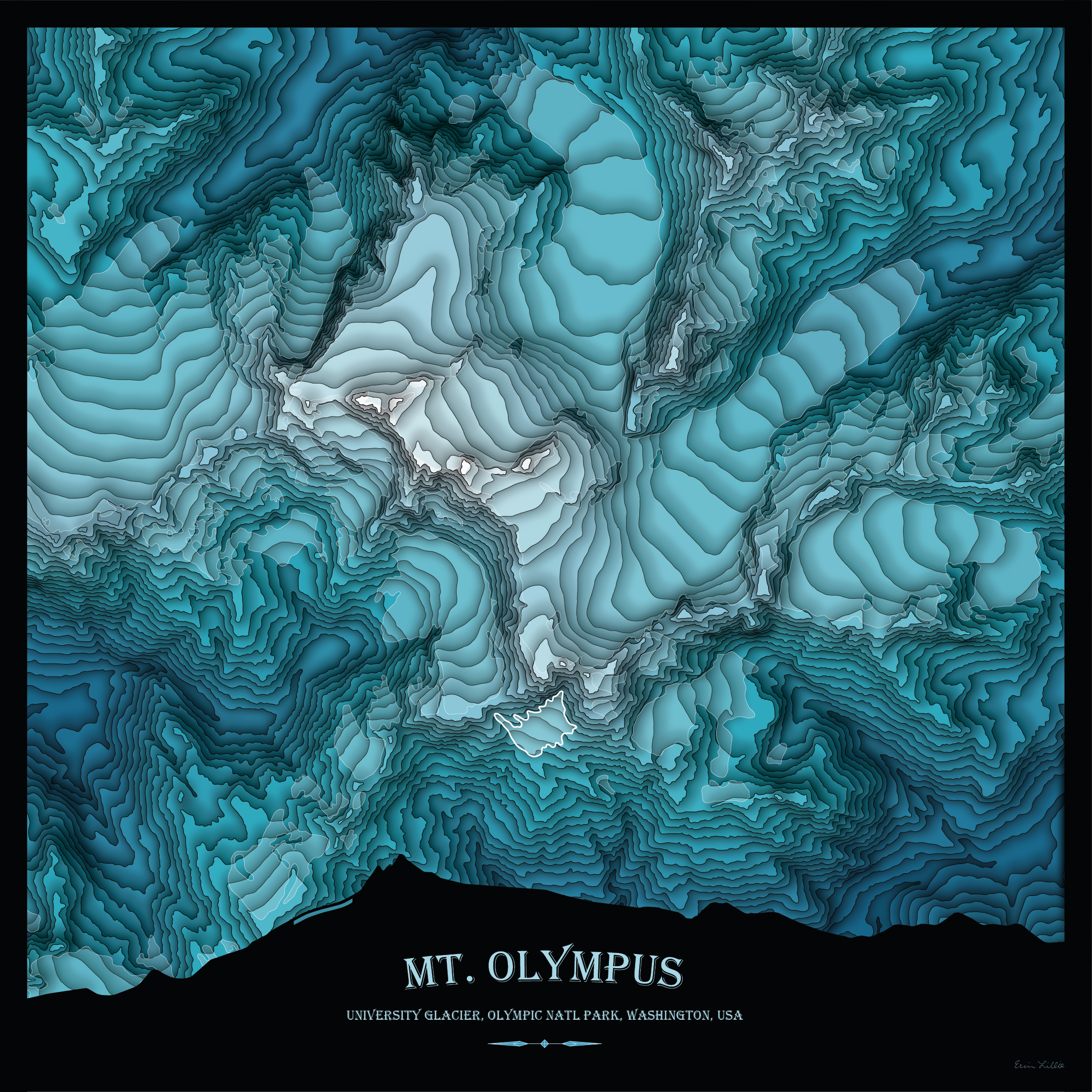 A landscape of peaks and crevasses formed of contour lines, the layers grading from blue at the highest elevations to white at the lowest. Text at the bottom labels this map Mount Olympus – University Glacier – Olympic National Park – Washington – USA.