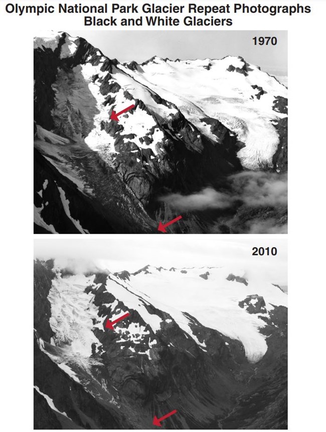 Matching photos of a pair of glaciers side by side on a mountain, labeled 1970 and 2010. The glacial ice is diminished in the 2010 photo.