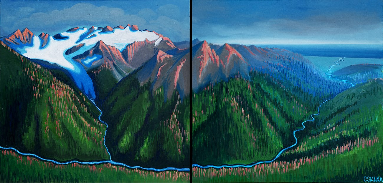 A painting in two panels of a large mountain glacier, flowing into a stream and joining a river in a forested valley, ultimately leading into the sea.