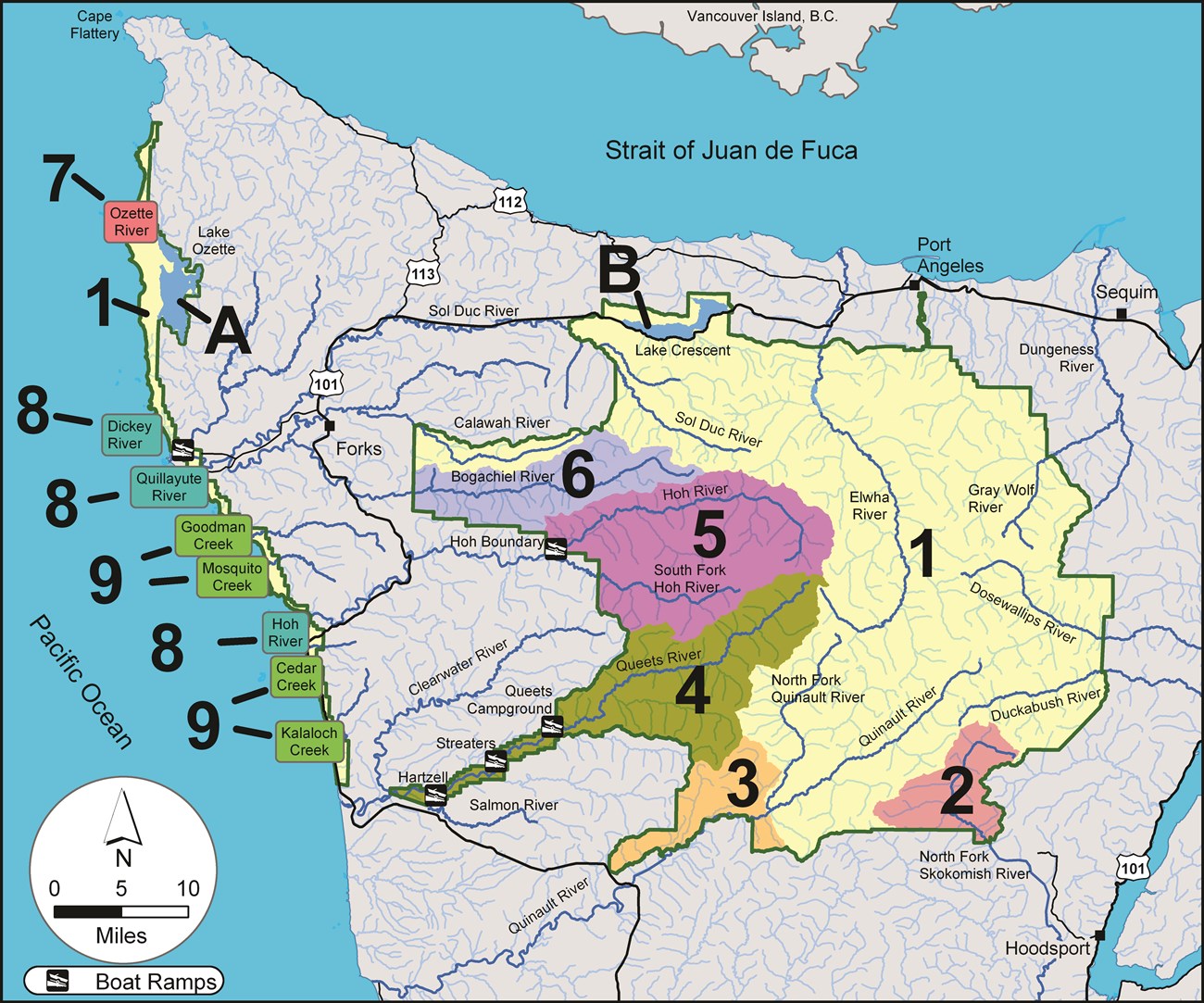 A map of the Olympic Peninsula with watersheds in Olympic National Park labeled and color coded.