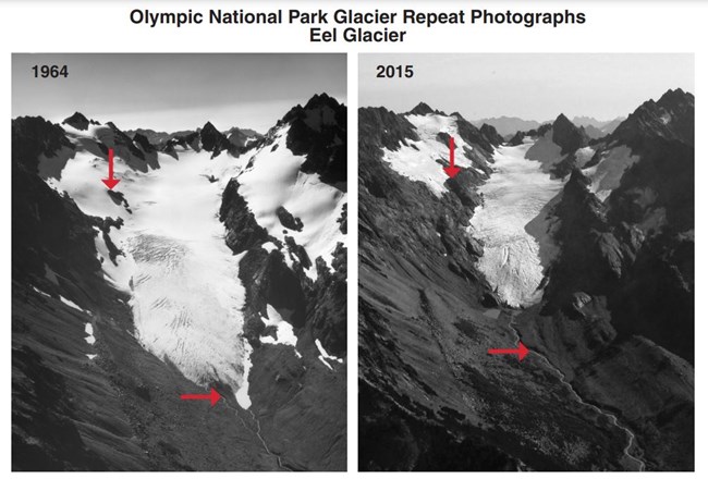 The same view of a glacier, one image from 1964, the second, much diminished, from 2015.