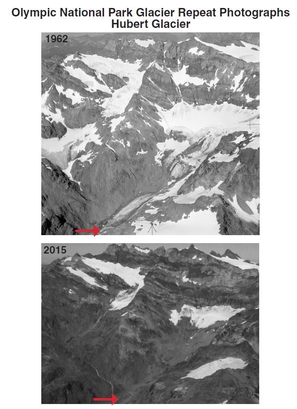 Two matched photos of a mountain glacier, labeled 1962 and 2015. The glacial ice has diminished significantly in 2015.