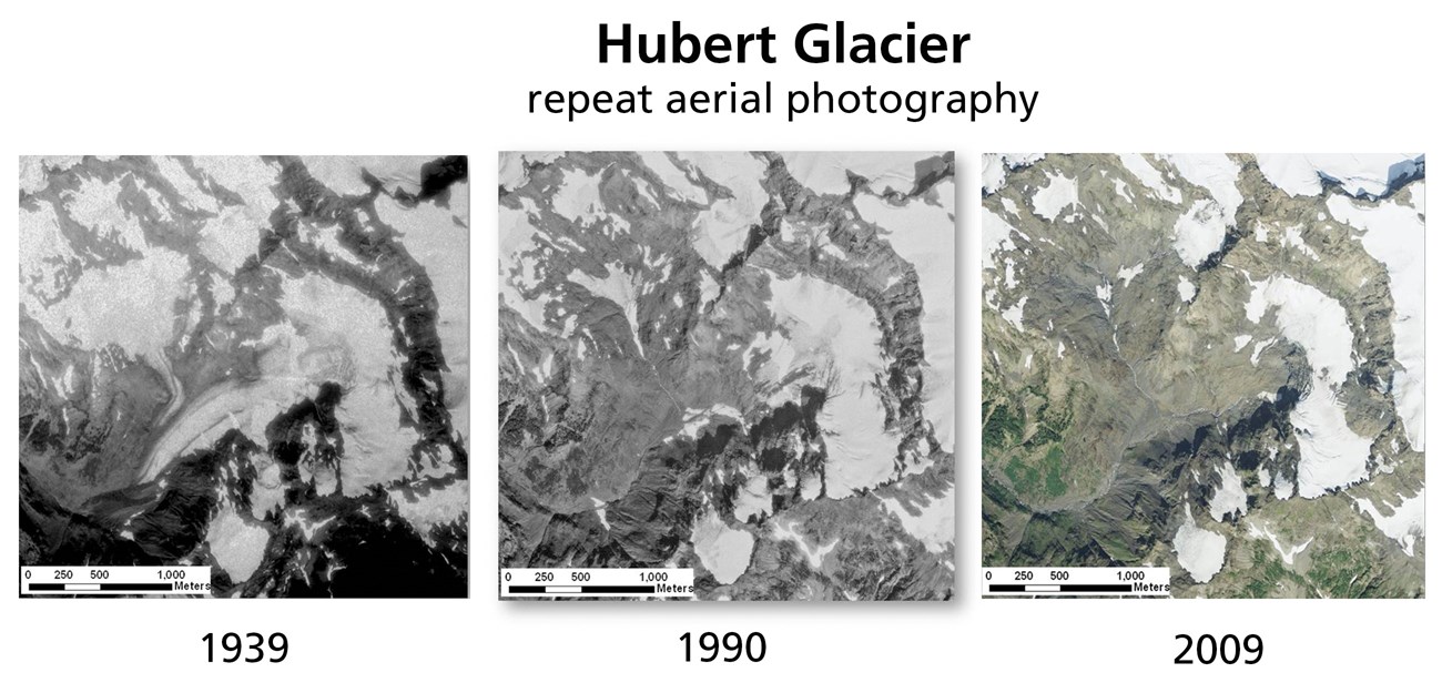 Three matched aerial photos of a mountain glacier labeled 1939, 1990, and 2009. The glacial ice becomes dimished in each subsequent photo.