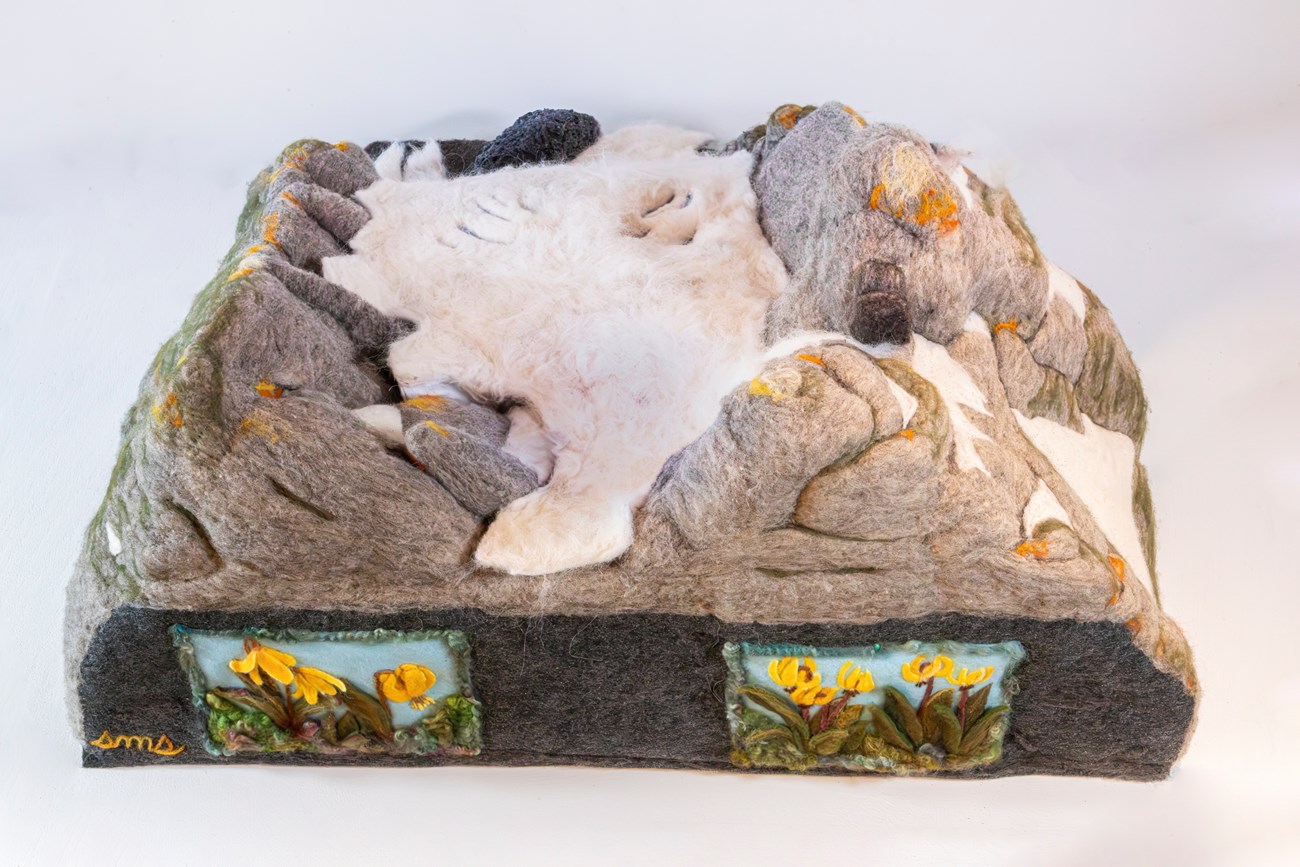 Rear view of a mountain glacier sculpted from wool felt. The white ice of the glacier flows between grey “rock” ridges streaked with green and orange. The base of the sculpture features felted yellow flowers and the initials SMS in cursive lettering.