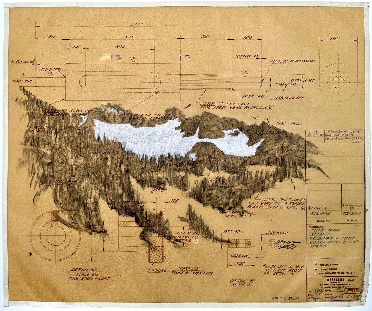 A pencil drawing of a mountain glacier, drawn over an old, hand-written technical drawing on brown paper. The rock and trees of the mountain are drawn in dark charcoal, while the snow of the glacier is white.