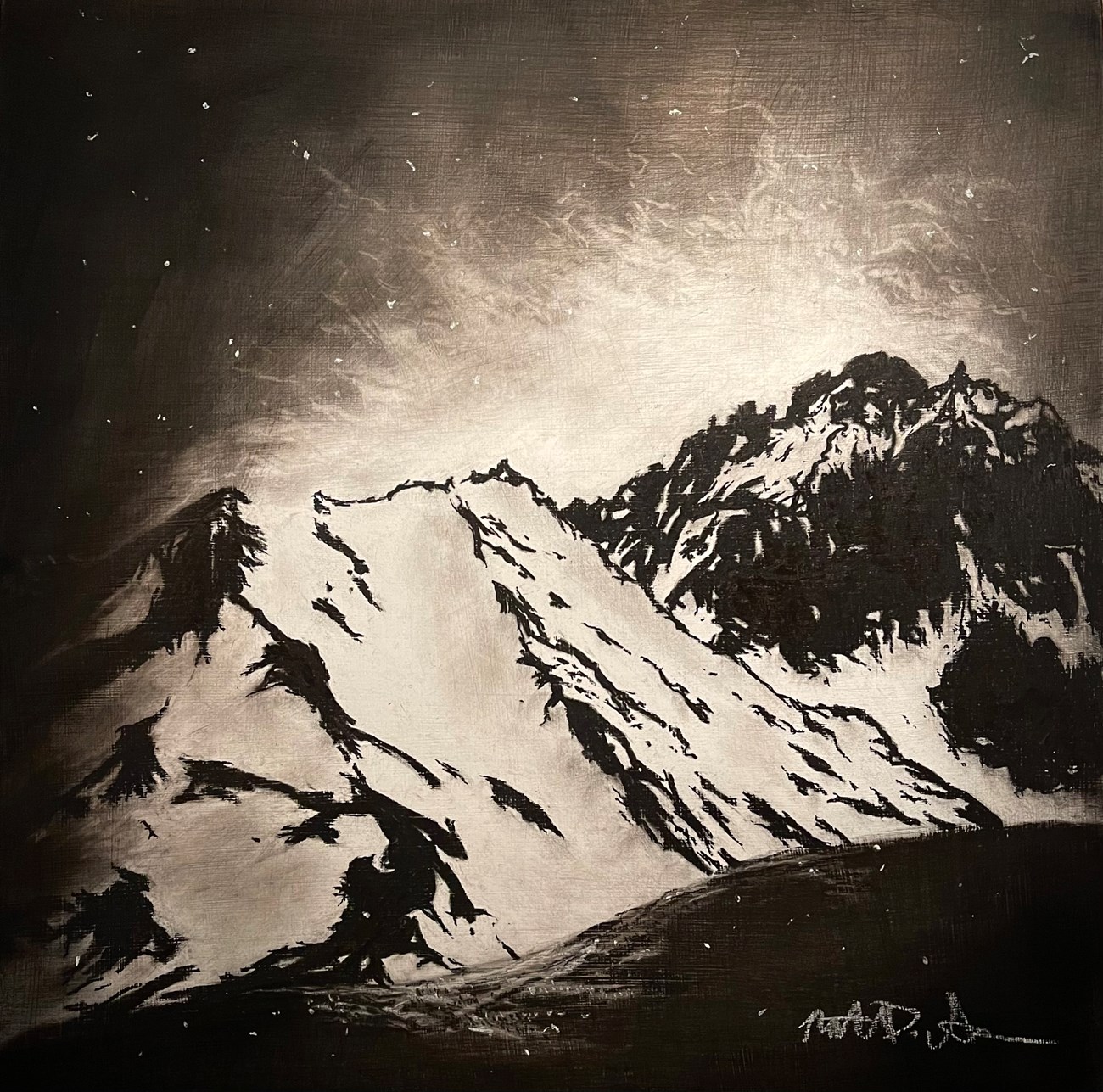 A charcoal drawing of a mountain glacier. There is a burst of light or cloud just beyond the ridge of the mountains.