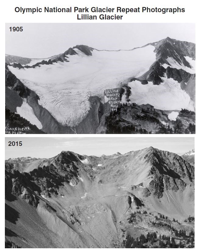 Two photos of the same mountain peak, labeled 1905 and 2015. In 1905 a large mountain glacier crowns, the peak, in 2015 all but a few small patches of snow are gone.