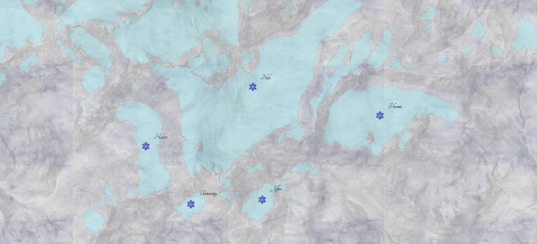 A purple watercolor map of mountain landforms, with blue shapes to represent glacial ice. Glaciers are labeled in graceful script with "Hoh," "Hubert," "University," "Jeffers," and "Humes," and have purple snowflake icons.