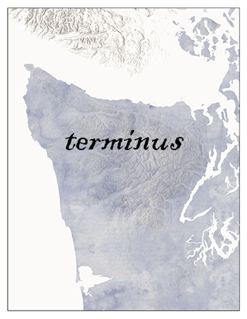 A purple watercolor map of the Olympic Peninsula, with the word "terminus" across it in an inky serif script.