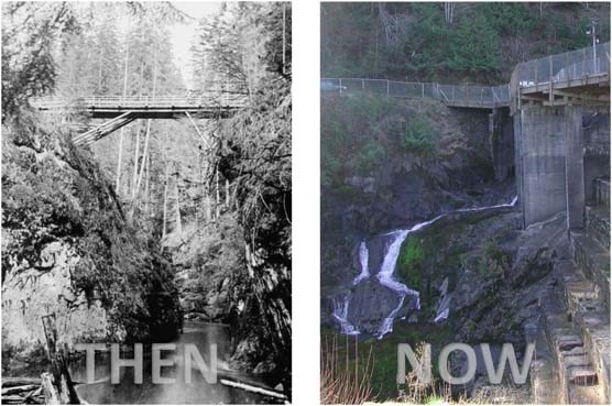 Comparative photos of the Elwha River channel before and after dam construction