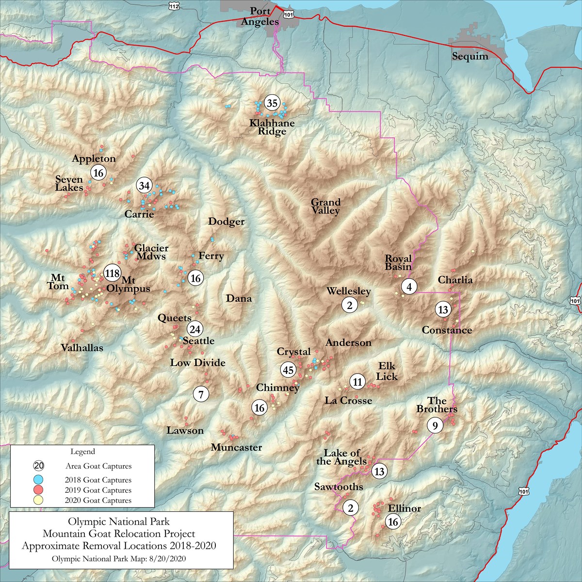Map of mountain goat removal locations in Olympic National Park and Olympic National Forest