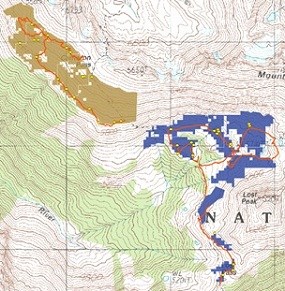 Map shows track log and data points for the survey at Cameron Basin and Lost Pass clusters. Map shows track log and data points for the survey at Cameron Basin and Lost Pass clusters.