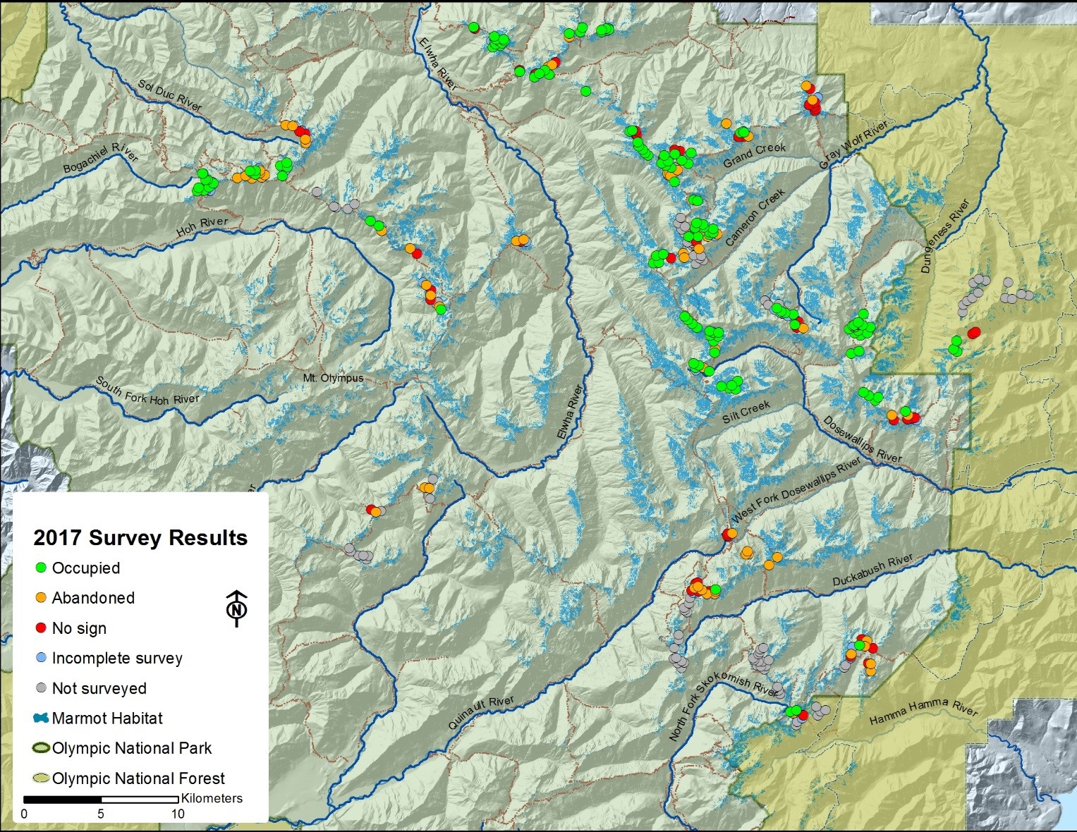 a map with dots showing survey locations