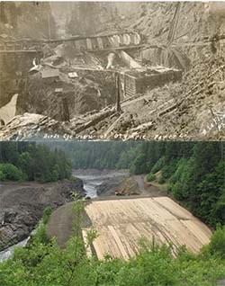 View of the Elwha Dam during constuction and from approximately the same location in 2012