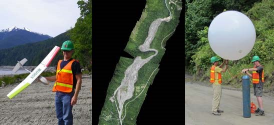 Scientists use a Raven UAV and balloon to take aerial photos of the changing sediment along the Elwha River