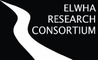 Elwha Research Consortium, white text on black background, abstract river flows through left side