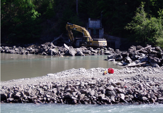Elwha River -- temporary diversion channel in foreground