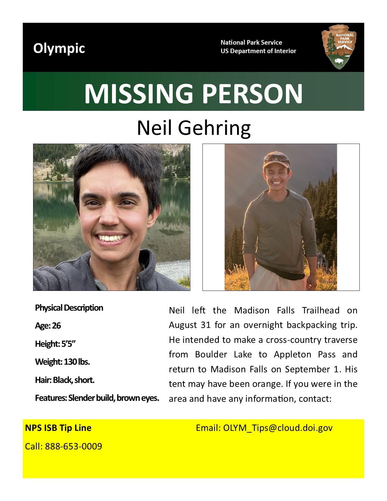 A missing person poster showing two images of a 25 year old man with short brown hair and brown eyes. The man is smiling. The text on the post reads: Olympic, National Park Service, Missing Person, Neil Gehring, Physical Description Age: 26, Height: 5'5"