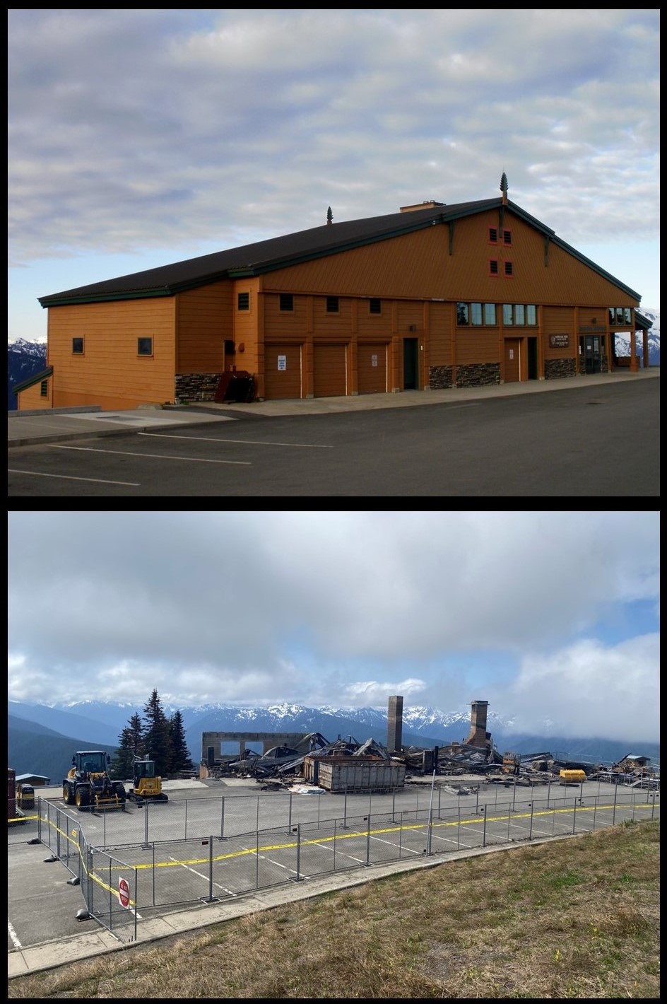 HRDL Before and After Top image: Hurricane Ridge Day Lodge Bottom Image: burned debris after fire