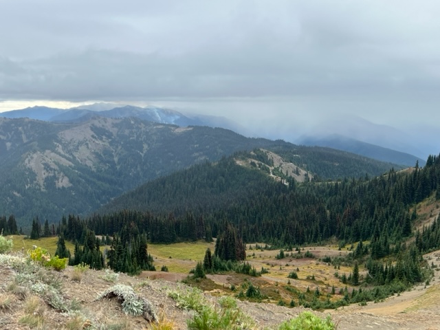 Eagle Point Fire from H. Hill Trail Small plumes of smoke can be seen in the distance with rain clouds around it.